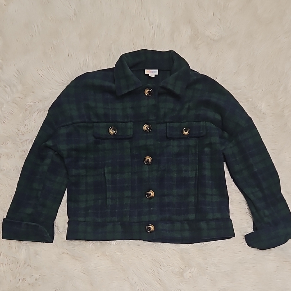 LuLaRoe MEDIUM Flannel Berlin Jacket Great Outdoors Collection Green Blue plaid